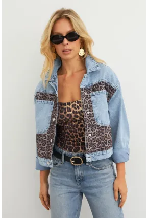 Kadın Açık-Mavi Bloklu Leopar Denim Ceket KAM300
