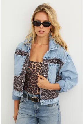 Kadın Açık-Mavi Bloklu Leopar Denim Ceket KAM300