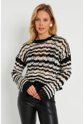 Kadın Ajurlu Triko Bluz Beyaz-Siyah YZ619