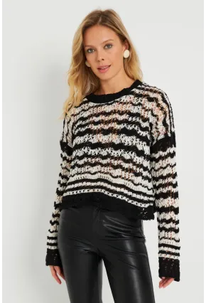 Kadın Ajurlu Triko Bluz Beyaz-Siyah YZ619