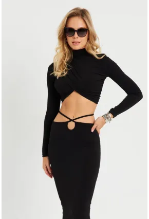 Kadın Alt Üst Büzgülü Crop Takım Siyah YEL86