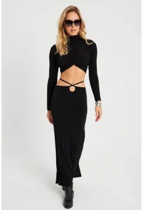 Kadın Alt Üst Büzgülü Crop Takım Siyah YEL86