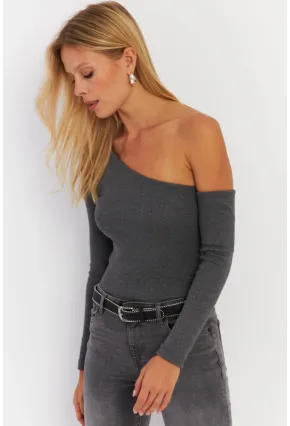 Kadın Antrasit Asimetrik Kollu Kaşkorse Bluz HOR1