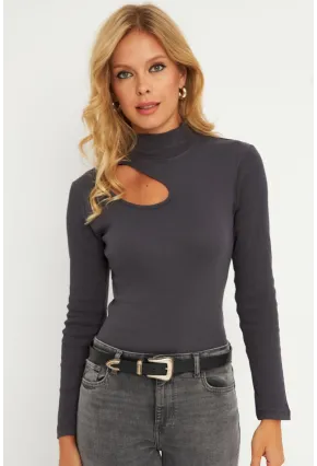 Kadın Antrasit Çapraz Yaka Yarım Balıkçı Bluz B1404