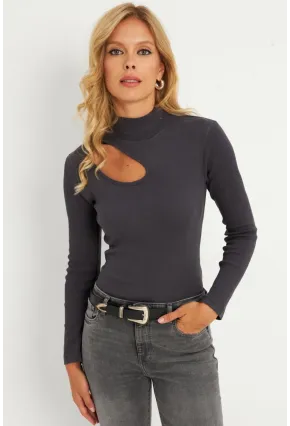 Kadın Antrasit Çapraz Yaka Yarım Balıkçı Bluz B1404
