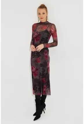 Kadın Antrasit Desenli Midi Tül Elbise YEL221355