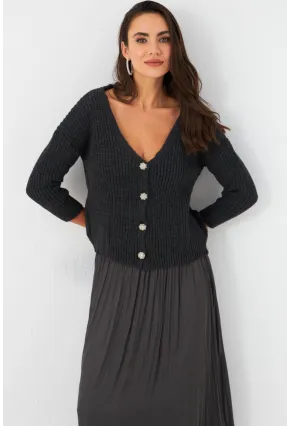 Kadın Antrasit Düğme Detaylı Hırka KAZ30