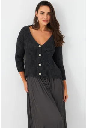 Kadın Antrasit Düğme Detaylı Hırka KAZ30