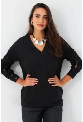 Kadın Antrasit Düğme Detaylı V Yaka Bluz EY2982