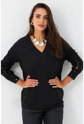 Kadın Antrasit Düğme Detaylı V Yaka Bluz MEY2982