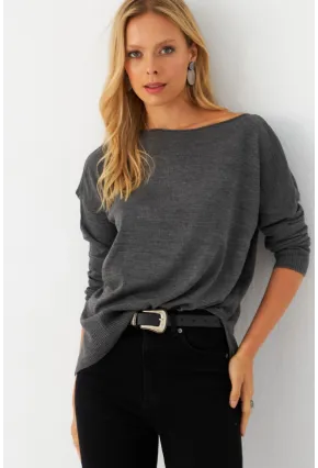 Kadın Antrasit Kayık Yaka Triko Bluz YİL561