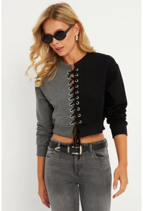 Kadın Antrasit-Siyah Kuşgözlü Kısa Sweatshirt TF02