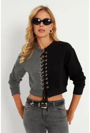 Kadın Antrasit-Siyah Kuşgözlü Kısa Sweatshirt TF02