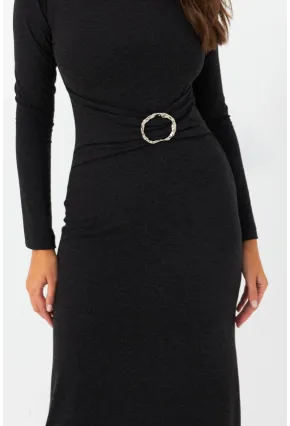 Kadın Antrasit Tokalı Midi Elbise EY2984