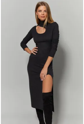 Kadın Antrasit Yaka Pencereli Yırtmaçlı Elbise Yİ1984