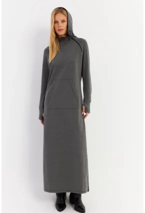 Kadın Antrasit Yakası Fermuarlı Maxi Sweat Elbise MTF12