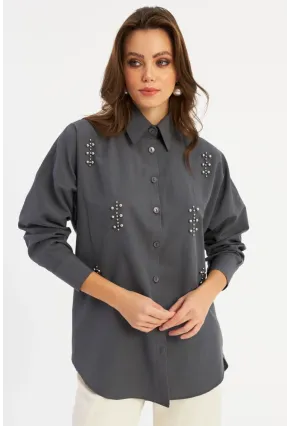Kadın Antrasit Zımbalı Gömlek MASF1