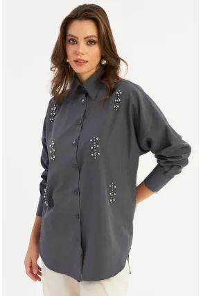 Kadın Antrasit Zımbalı Gömlek MASF1