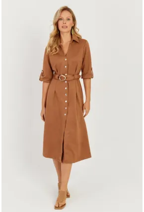 Kadın Badem Nubuk Midi Gömlek Elbise KED4023