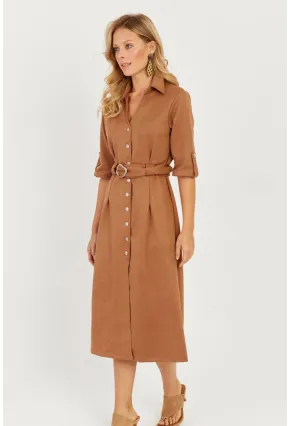 Kadın Badem Nubuk Midi Gömlek Elbise KED4023