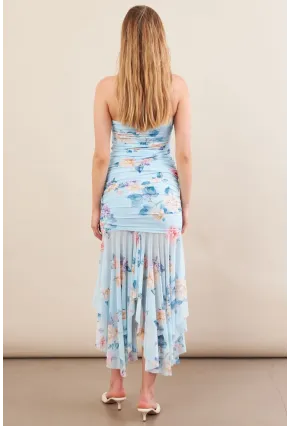 Kadın Bebe Mavi Drapeli Straplez Midi Tül Elbise ERL101