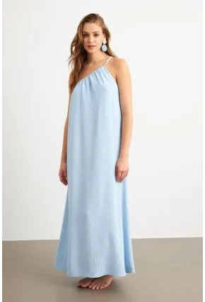 Kadın Bebe Mavi Tek Omuz Maxi Elbise İRE1012
