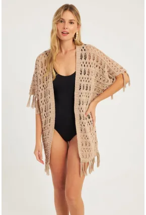 Kadın Bej Ajurlu Püsküllü Hırka YV224