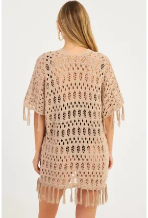 Kadın Bej Ajurlu Püsküllü Hırka YV224