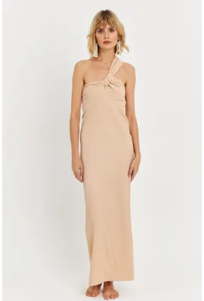 Kadın Bej Asimetrik Yaka Maxi Elbise NH25455