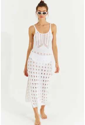 Kadın Beyaz Ajurlu Triko Maxi Elbise SF2504
