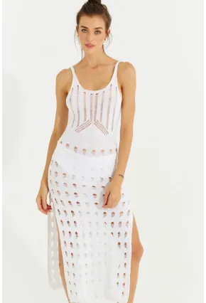 Kadın Beyaz Ajurlu Triko Maxi Elbise SF2504