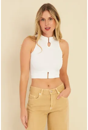 Kadın Beyaz Aksesuarlı Crop Bluz CG340