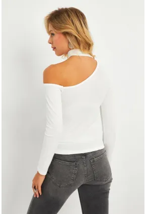 Kadın Beyaz Asimetrik Yaka Bluz CG376