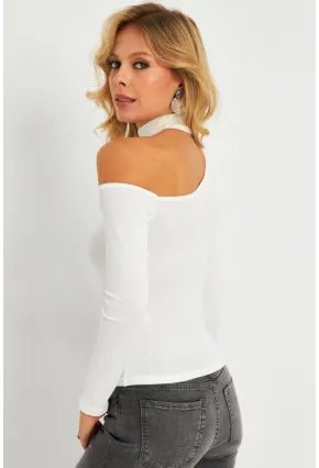 Kadın Beyaz Asimetrik Yaka Bluz CG376