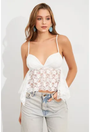 Kadın Beyaz Askılı Dantel Crop Bluz MTK13458