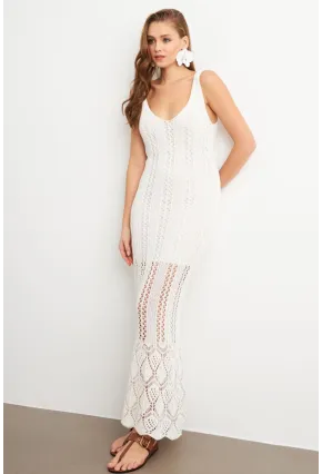 Kadın Beyaz Astarlı Ajurlu Maxi Elbise MBE15001