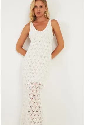 Kadın Beyaz Astarlı Triko Maxi Elbise KZ3211