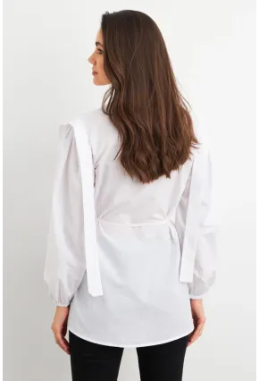 Kadın Beyaz Bağlama Detaylı Basic Gömlek MASF185