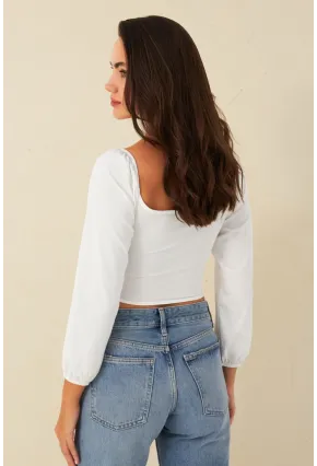 Kadın Beyaz Bağlama Detaylı Crop Bluz CG387