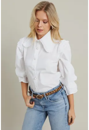 Kadın Beyaz Bebe Yaka Dantelli Gömlek MQS1839
