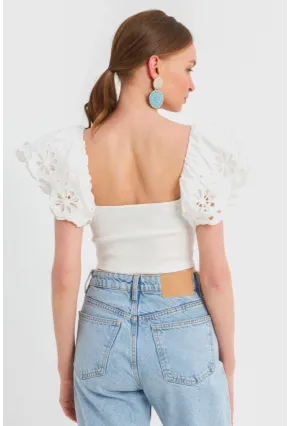Kadın Beyaz Brode Crop Bluz TPG08