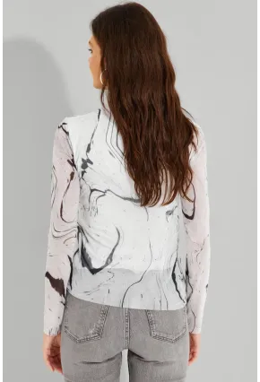 Kadın Beyaz Büzgülü Astarlı Tül Bluz LPP1231