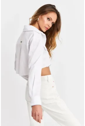 Kadın Beyaz Cep Detaylı Crop Gömlek KED4205