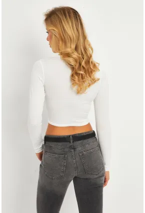 Kadın Beyaz Çıtçıtlı Crop Bluz CG379