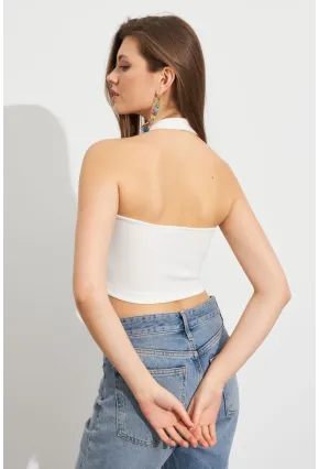 Kadın Beyaz Crop Bluz SE18