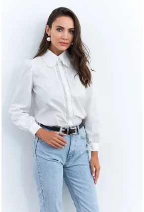 Kadın Beyaz Dantelli Balon Kol Gömlek MQS2492