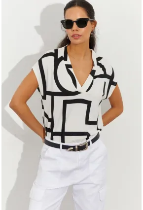 Kadın Beyaz Desenli V Yaka Bluz LPP1217