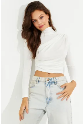 Kadın Beyaz Drapeli Bluz LPP1226