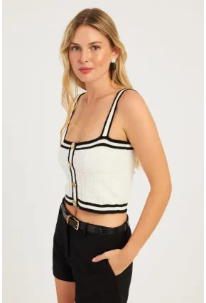 Kadın Beyaz Düğme Detaylı Triko Crop Bluz MSS134