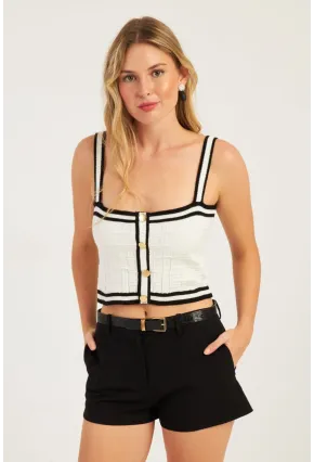 Kadın Beyaz Düğme Detaylı Triko Crop Bluz MSS134